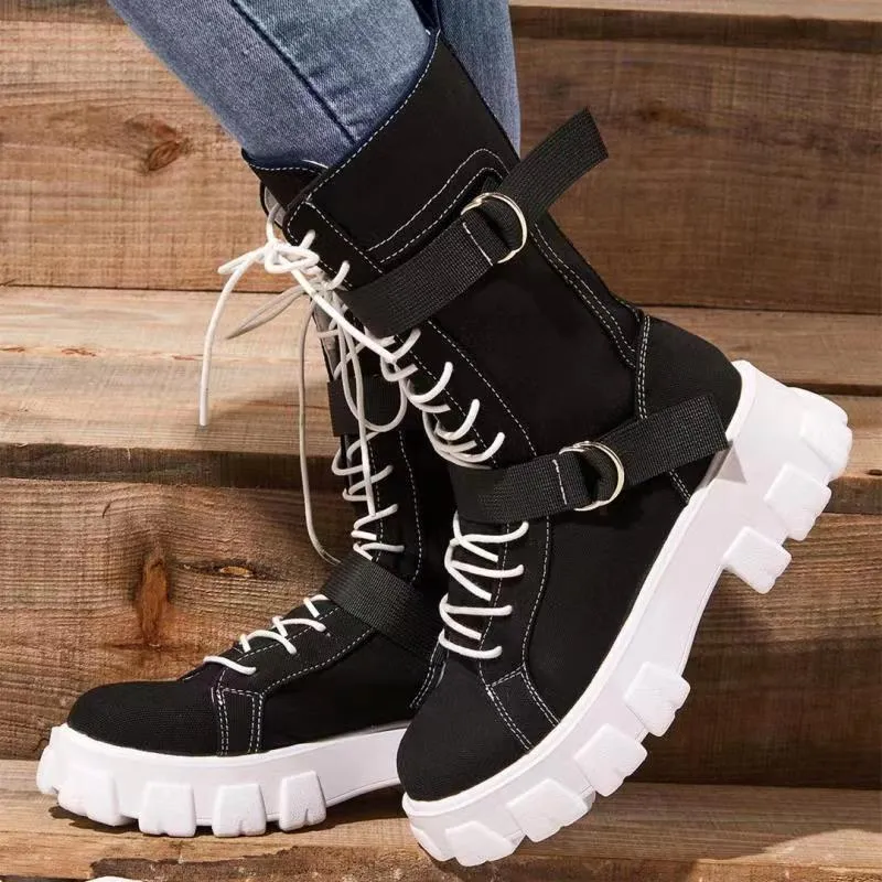 Women chunky platform lace up buckle strap mid calf motorcycle boots