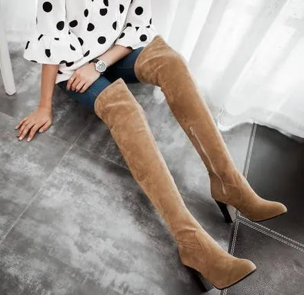 Women high heel solid color side zipper over the knee boots