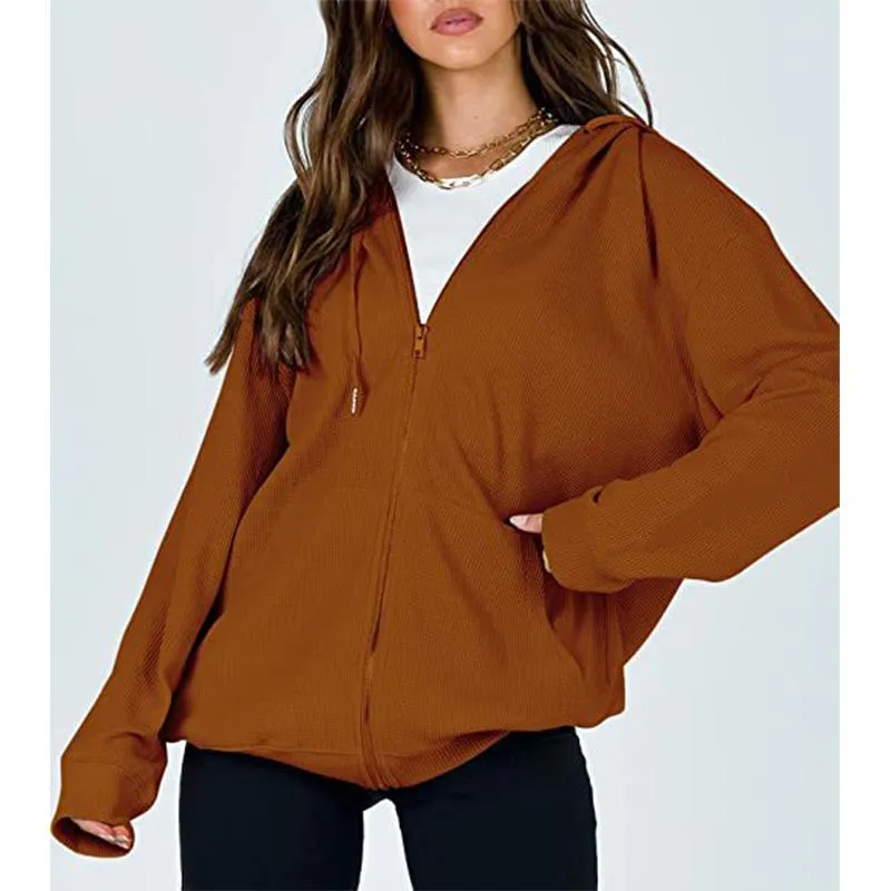 Women winter casual plain zip up hoodie sweatshirt with pockets