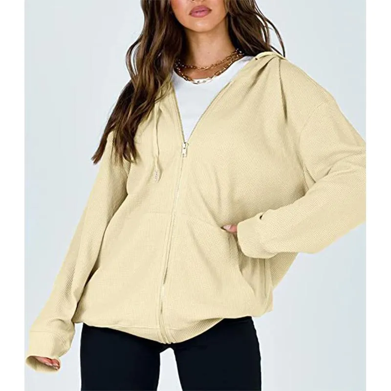 Women winter casual plain zip up hoodie sweatshirt with pockets