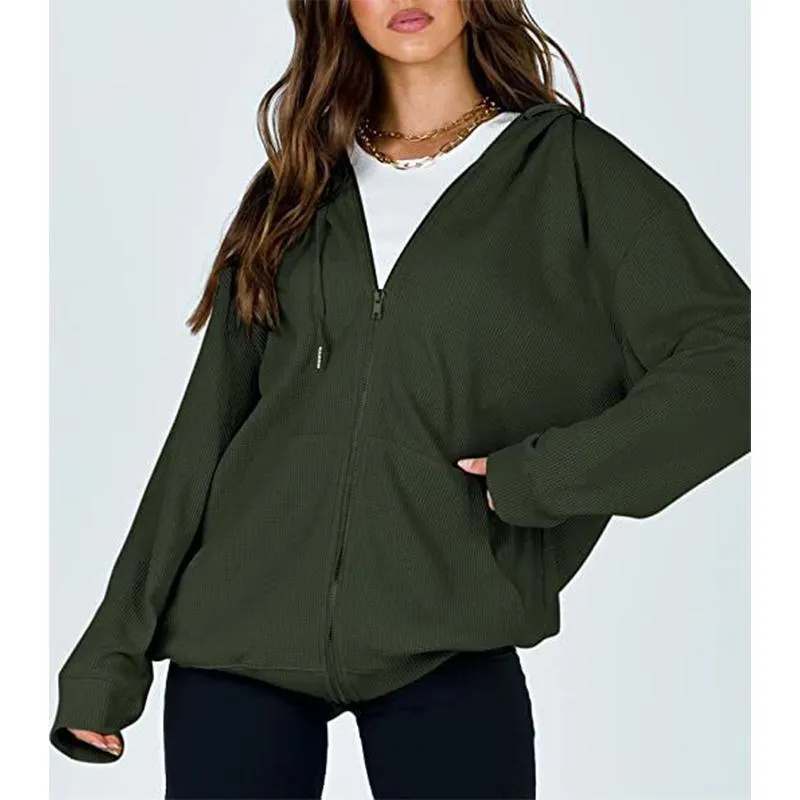 Women winter casual plain zip up hoodie sweatshirt with pockets