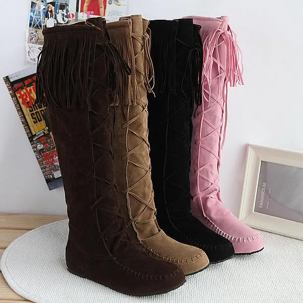 Women winter fringe criss cross lace up knee high boots