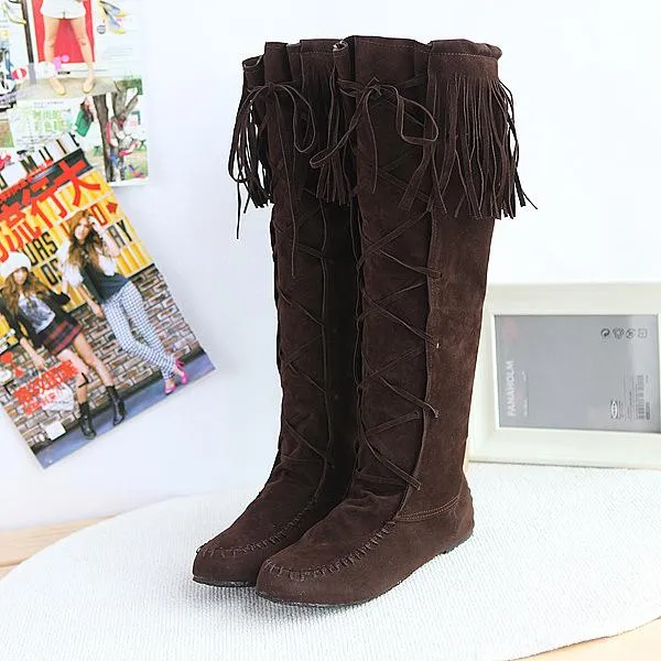 Women winter fringe criss cross lace up knee high boots