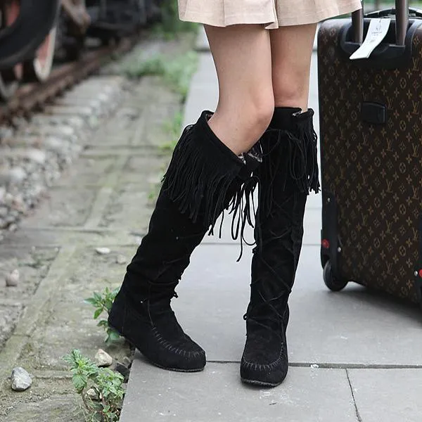 Women winter fringe criss cross lace up knee high boots