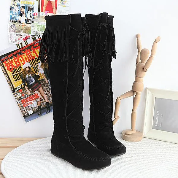 Women winter fringe criss cross lace up knee high boots