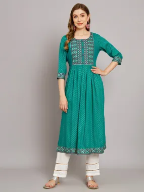 Women's Turquoise Rayon A-Line Kurta Palazzo Set