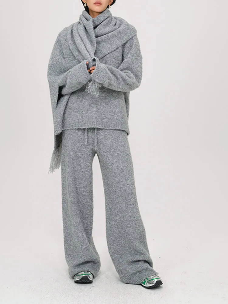 Wool Knitted V-Neck Sweater With Scarf and Wie Leg Pants 3 Piece Suit