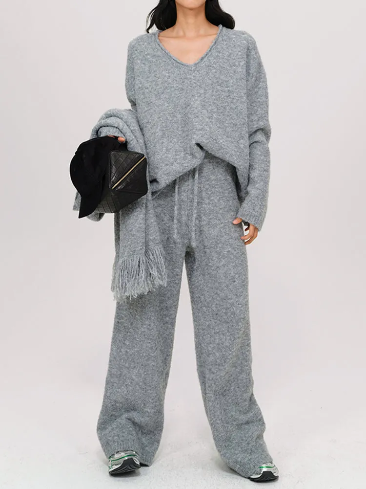 Wool Knitted V-Neck Sweater With Scarf and Wie Leg Pants 3 Piece Suit