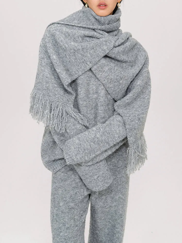 Wool Knitted V-Neck Sweater With Scarf and Wie Leg Pants 3 Piece Suit