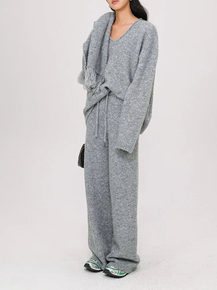 Wool Knitted V-Neck Sweater With Scarf and Wie Leg Pants 3 Piece Suit