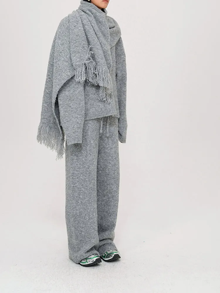 Wool Knitted V-Neck Sweater With Scarf and Wie Leg Pants 3 Piece Suit