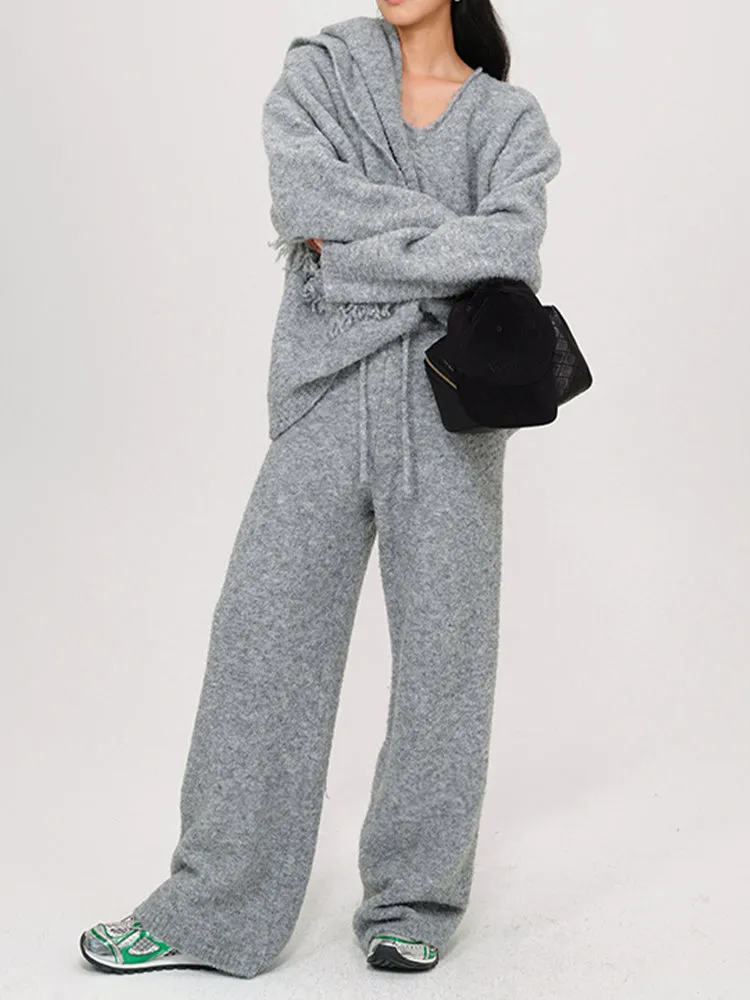 Wool Knitted V-Neck Sweater With Scarf and Wie Leg Pants 3 Piece Suit