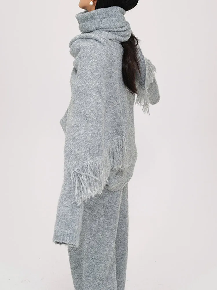 Wool Knitted V-Neck Sweater With Scarf and Wie Leg Pants 3 Piece Suit