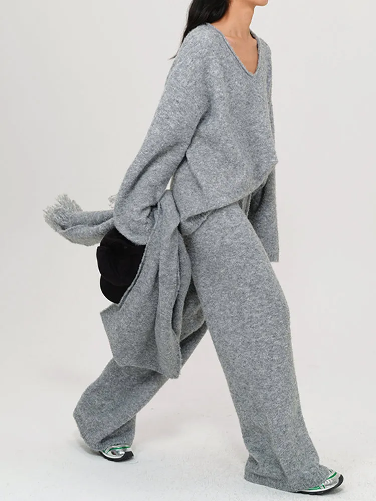 Wool Knitted V-Neck Sweater With Scarf and Wie Leg Pants 3 Piece Suit