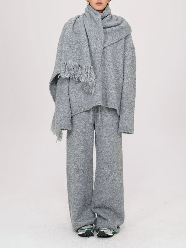 Wool Knitted V-Neck Sweater With Scarf and Wie Leg Pants 3 Piece Suit